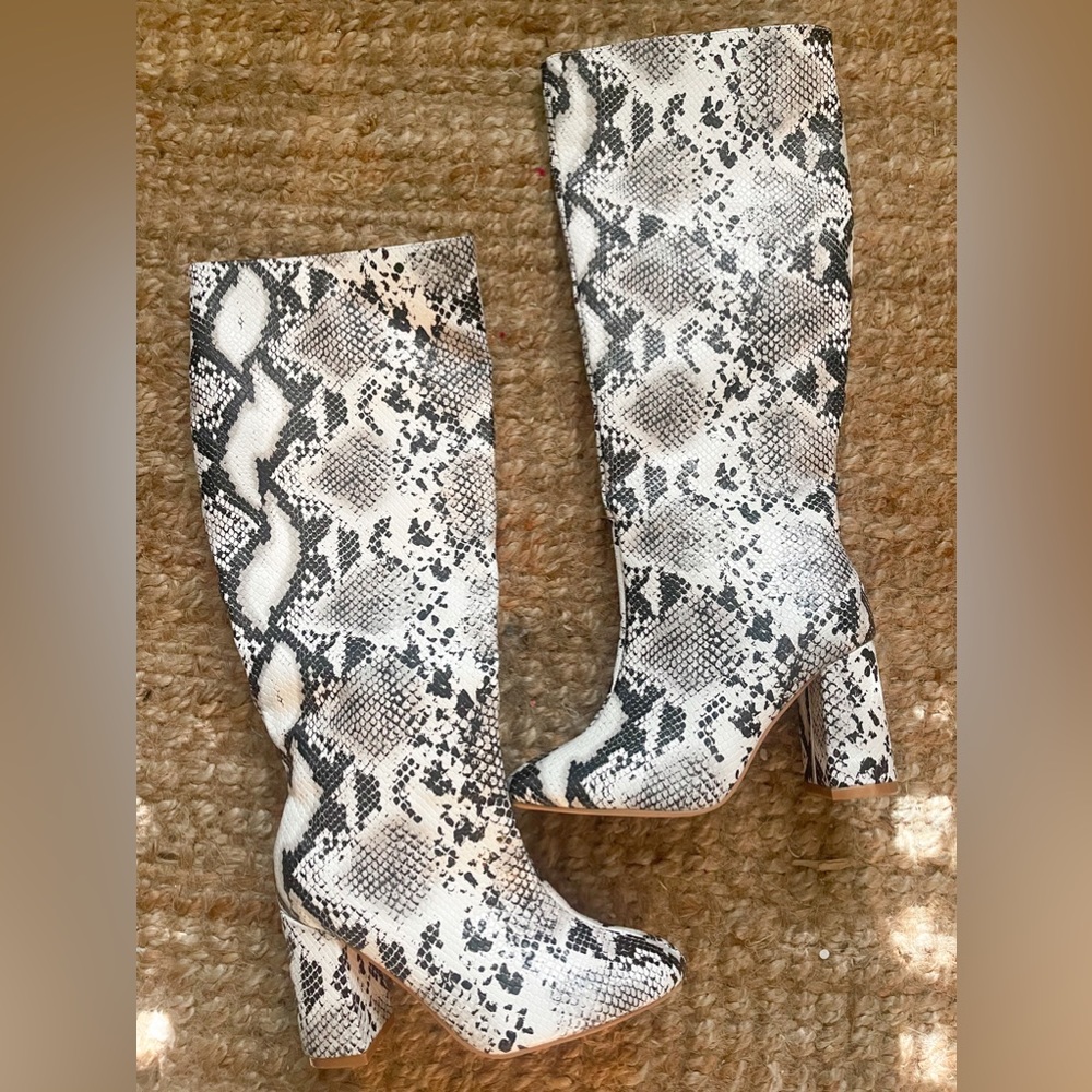 Missguided Knee High Snake Print Boots